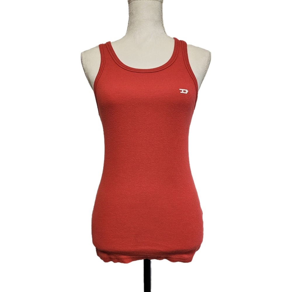 Vintage Y2K Diesel Women's Red Ribbed Tank Top‎ Size L